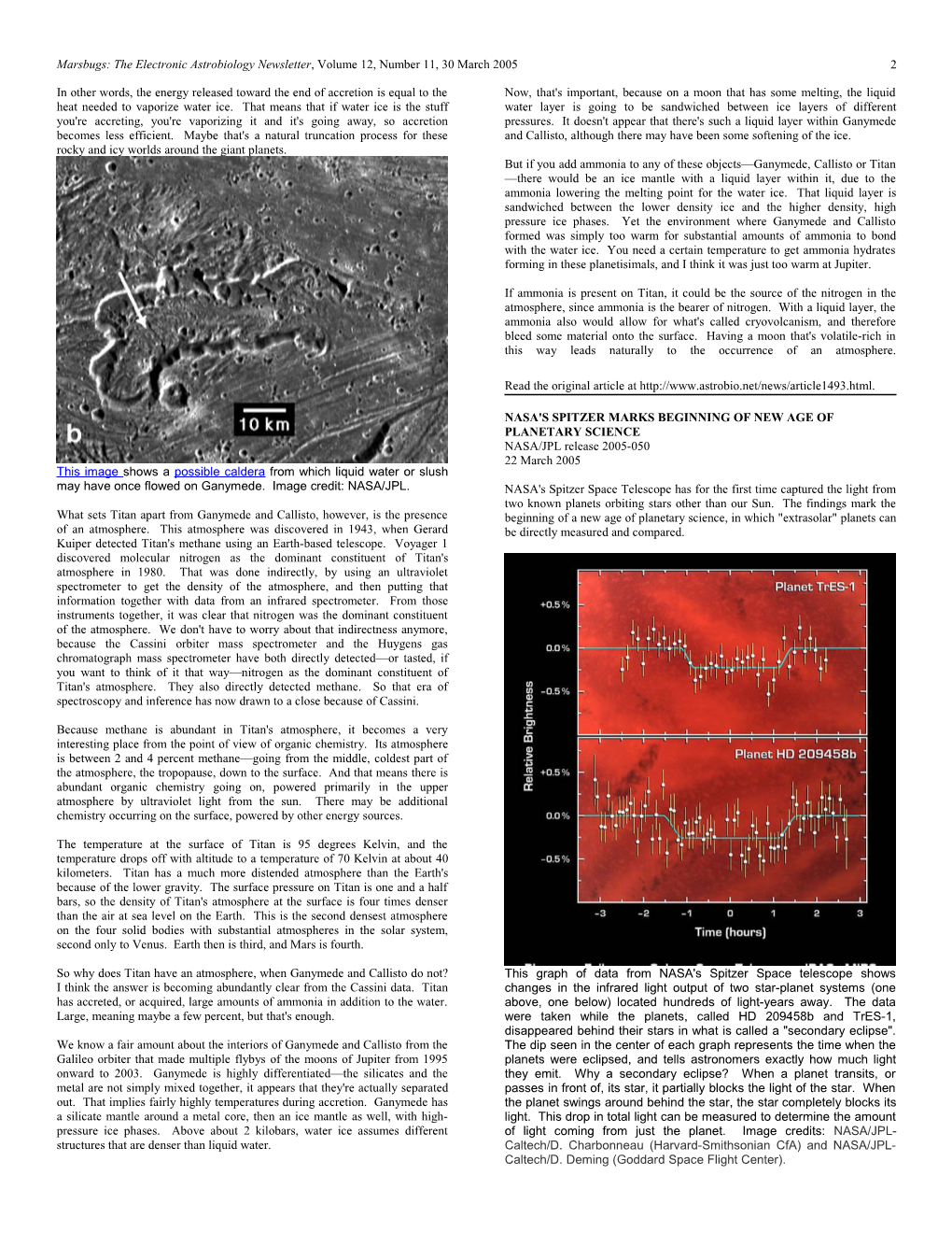 Marsbugs: the Electronic Astrobiology Newsletter , Volume 12, Number 11, 30 March 2005