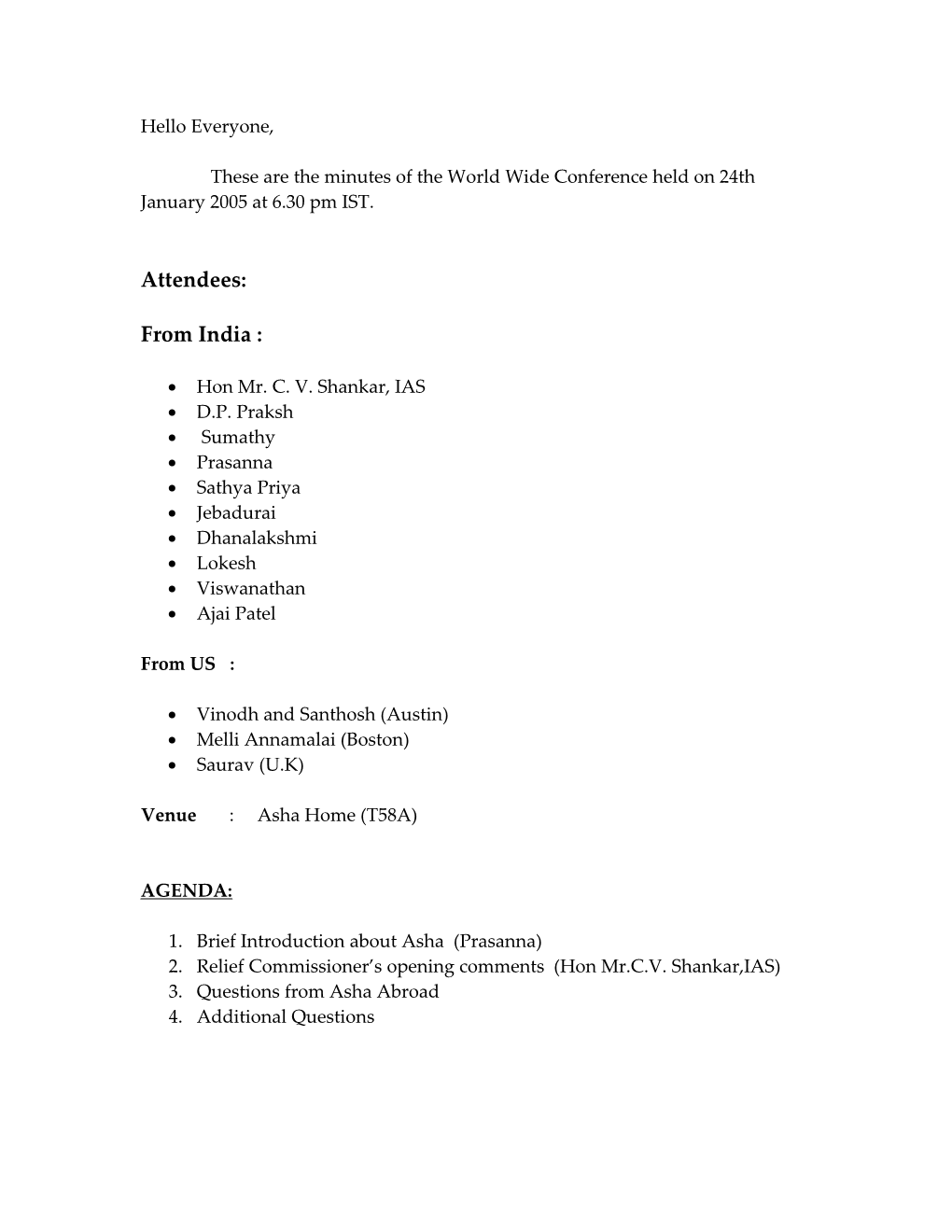 These Are the Minutes of the World Wide Conference Held on 24Th January 2005 at 6.30 Pm IST