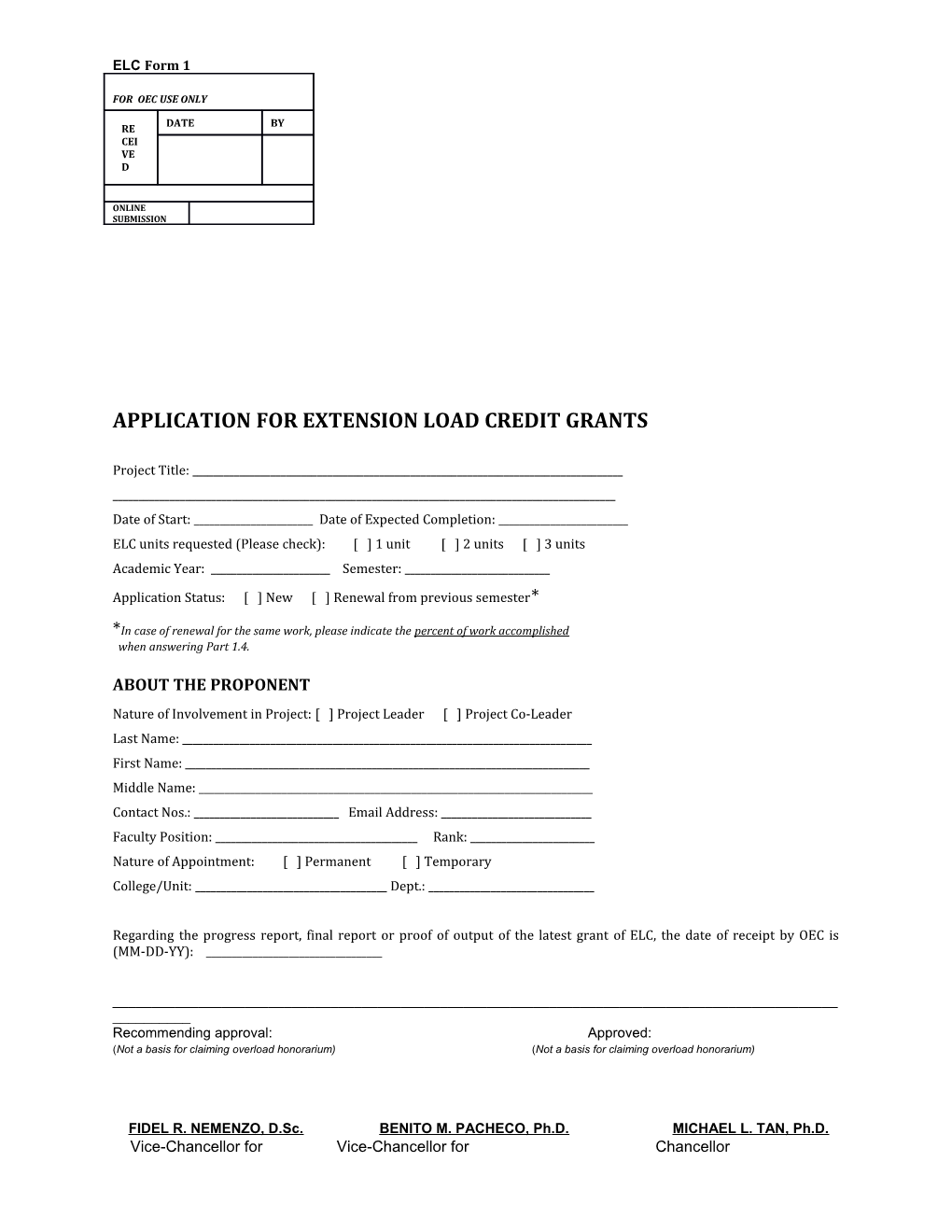 Application for Extension Load Credit Grants