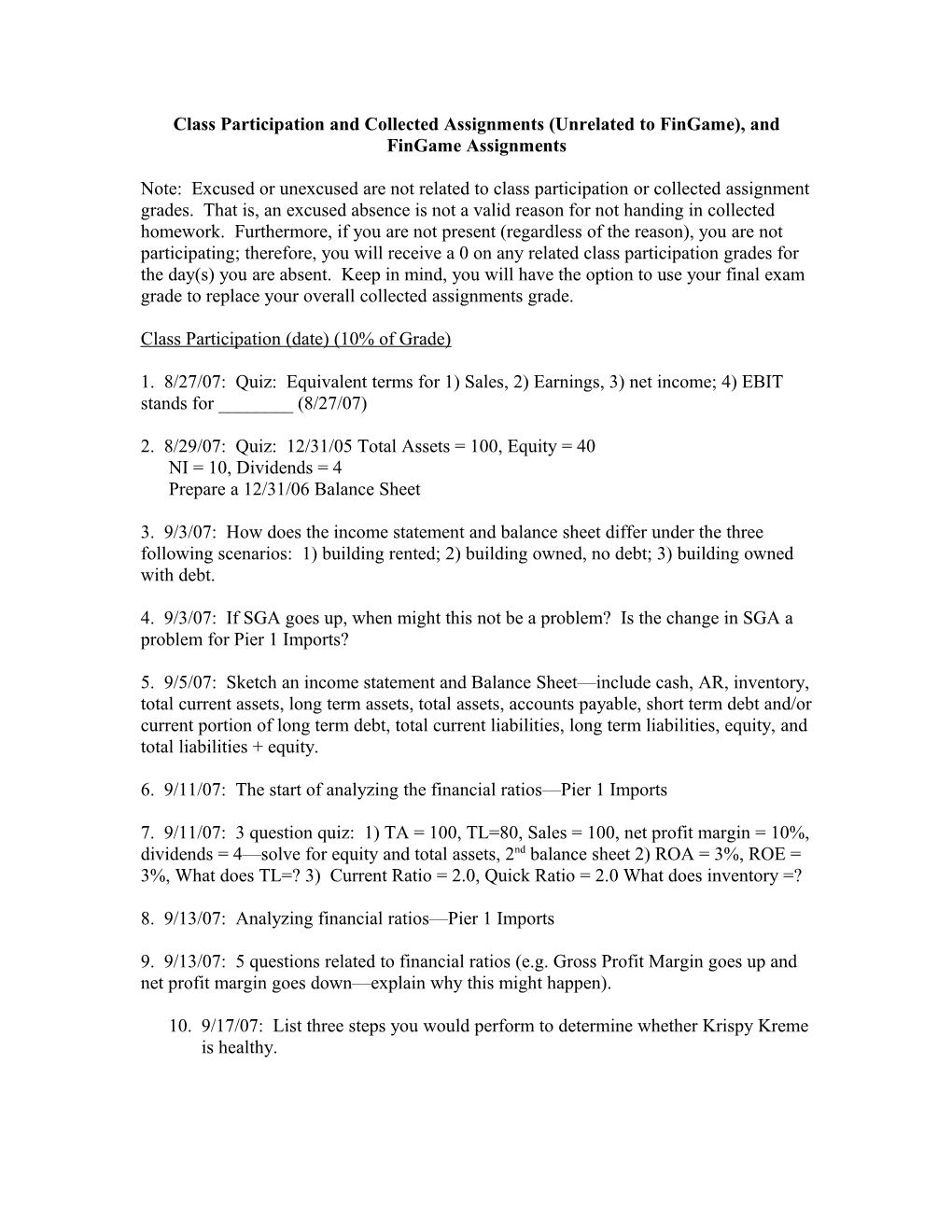 Class Participation and Collected Assignments (Unrelated to Fingame)