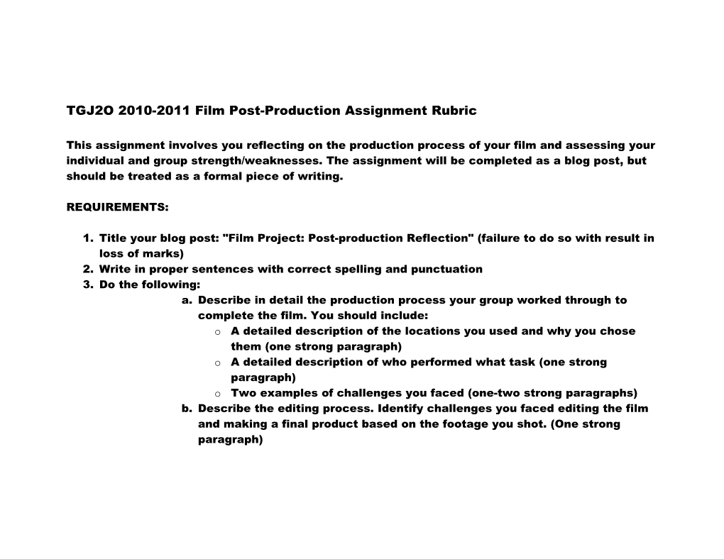 TGJ2O 2010-2011 Film Pre-Production Assignment Rubric