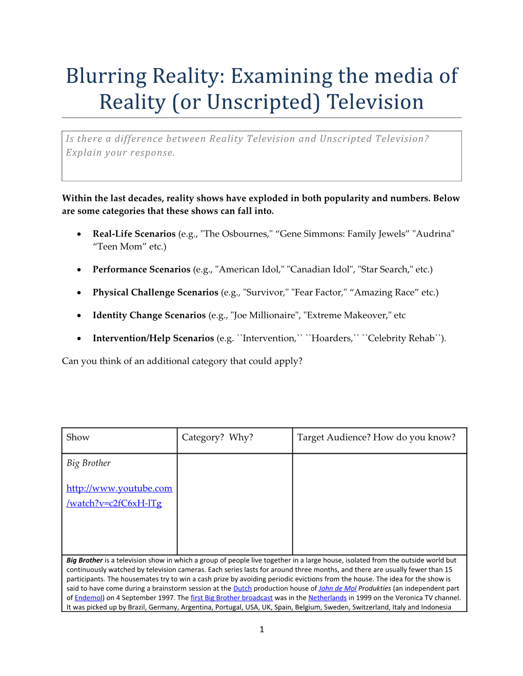 Blurring Reality: Examining the Media of Reality (Or Unscripted) Television