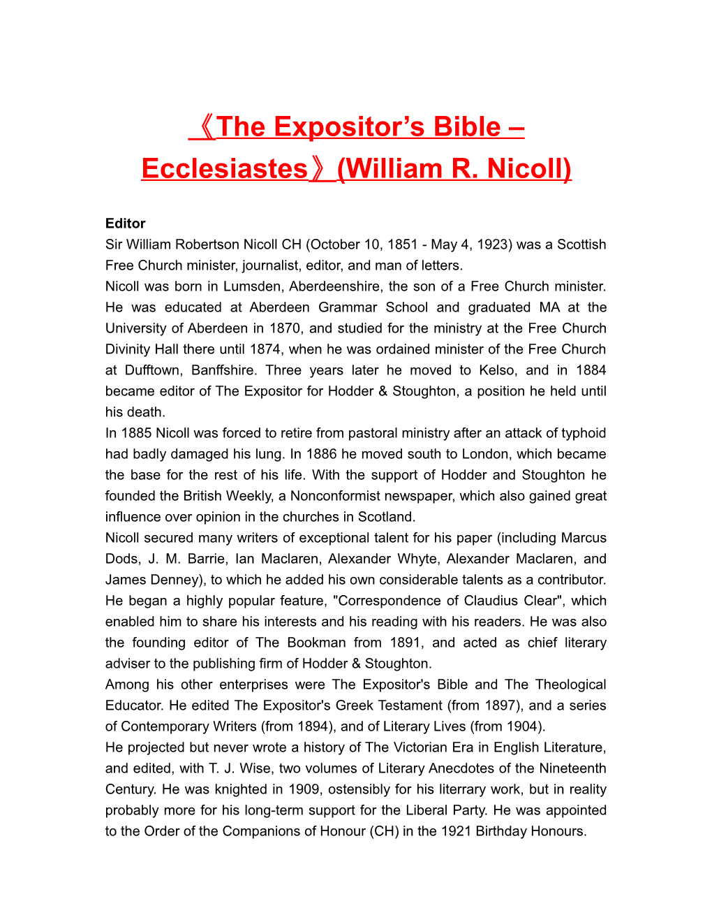 The Expositor S Bible Ecclesiastes (William R. Nicoll)