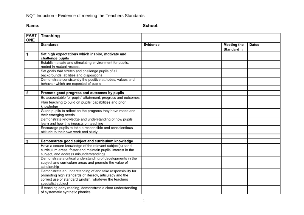 NQT Induction - Evidence Meeting the Core Standards