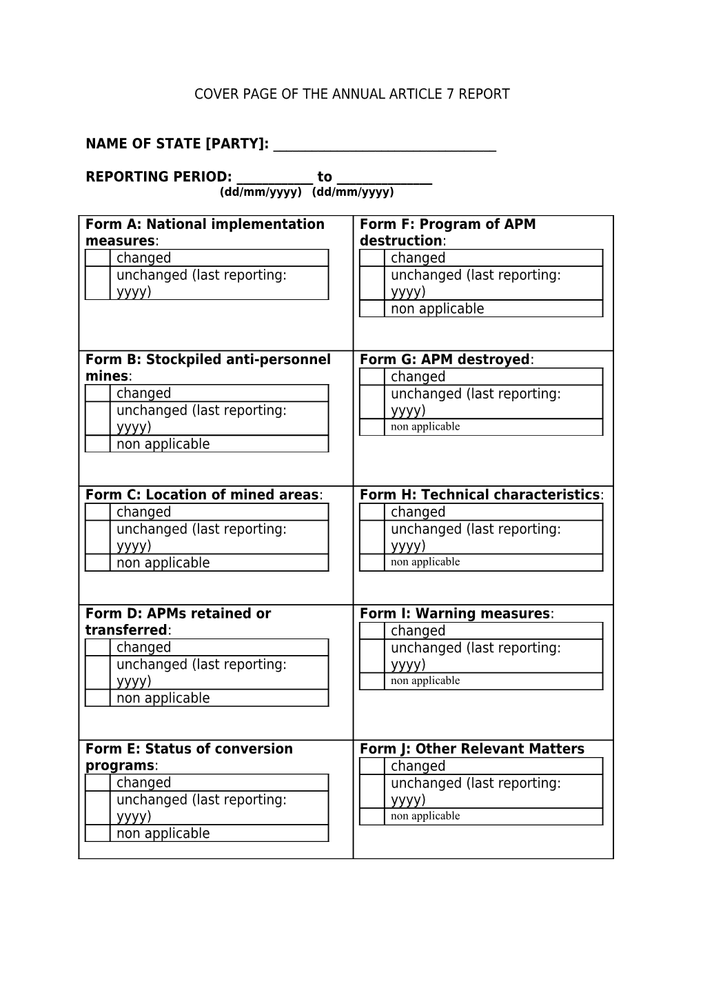 Cover Page of the Annual Article 7 Report