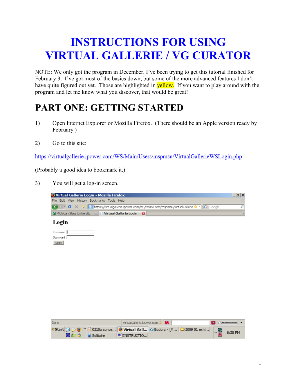 Instructions for Using Virtual Gallerie / Vg Curator
