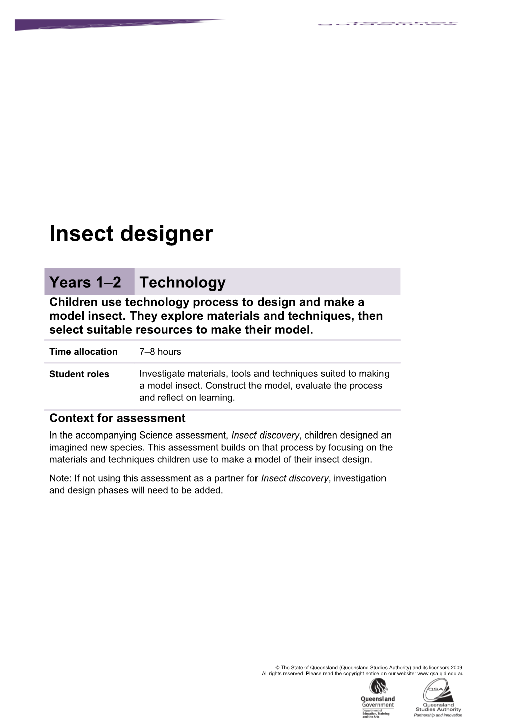 Year 2 Technology Assessment Teacher Guidelines Insect Designer Queensland Essential Learnings
