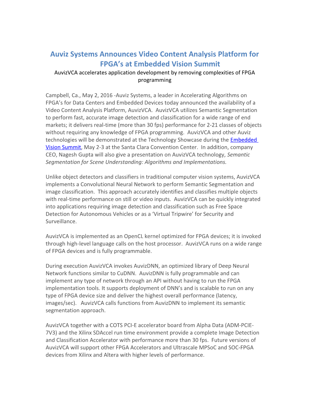 Auviz Systems Announces Video Content Analysis Platform for FPGA S at Embedded Vision Summit