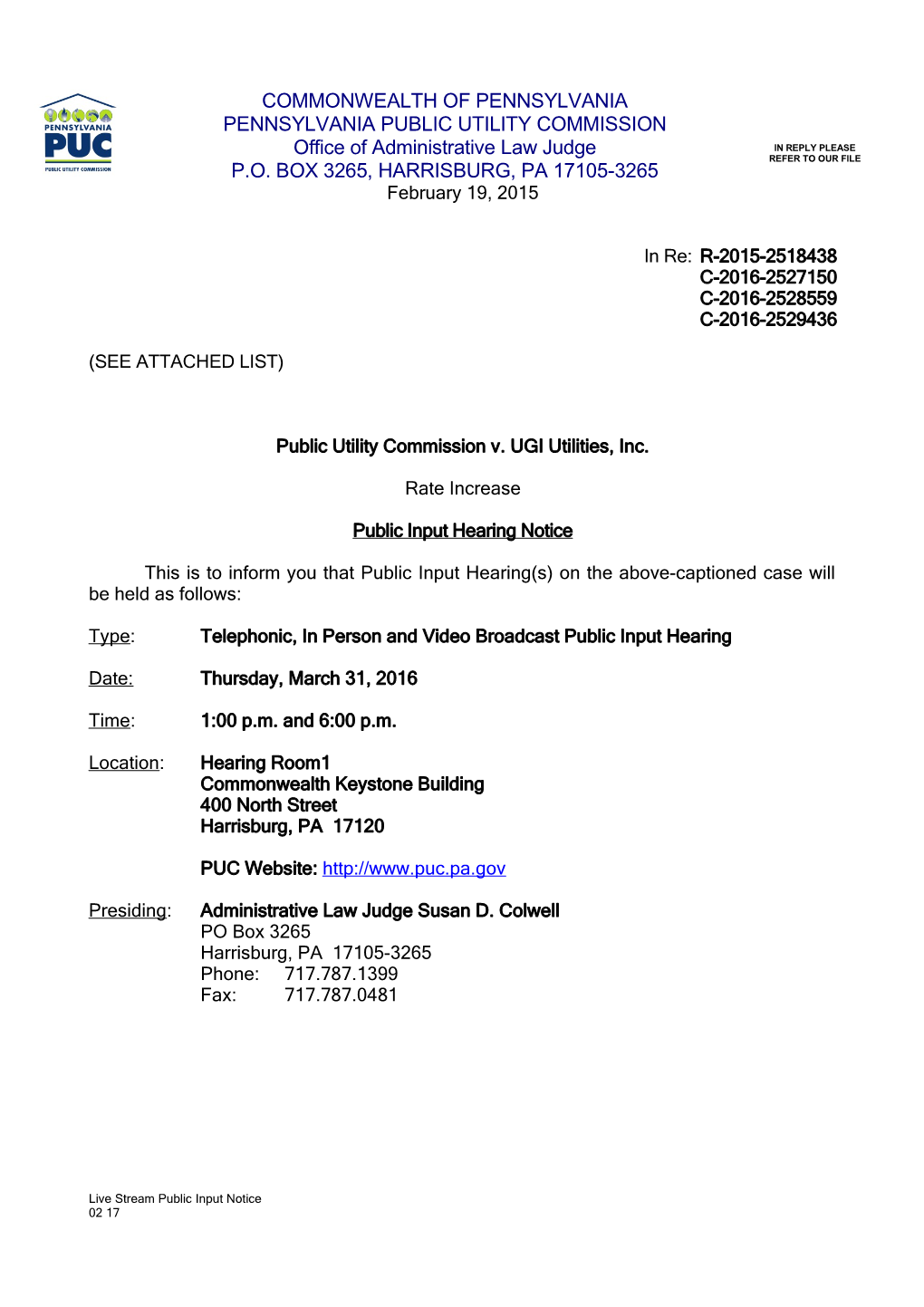 Harrisburg Public Input Notice