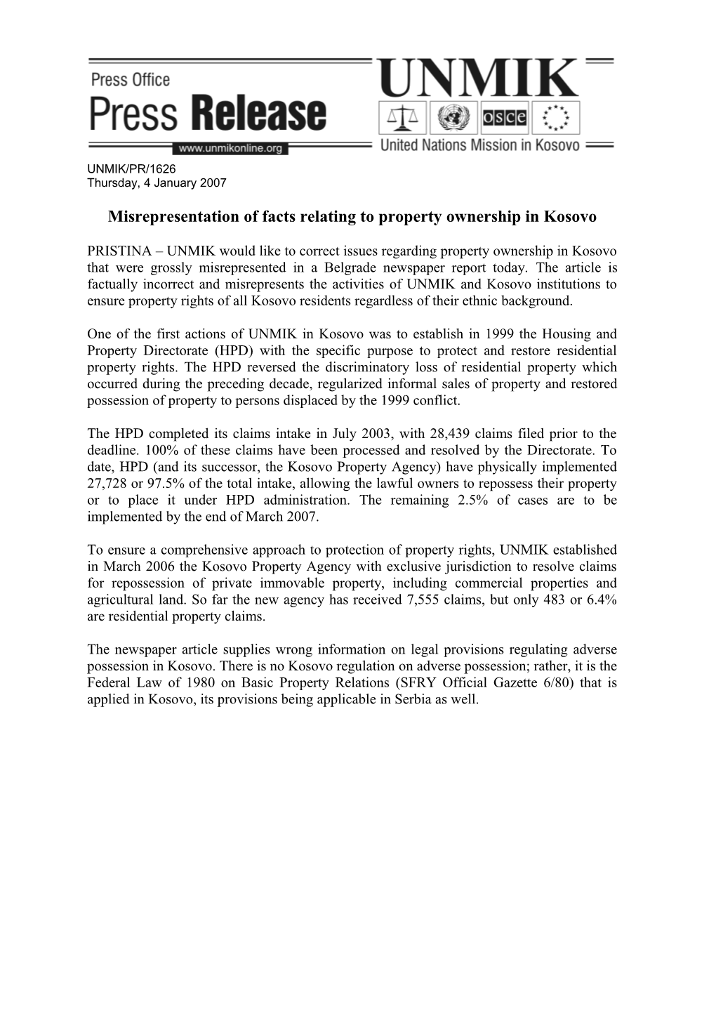 04/01/2007 - Misrepresentation of Facts Relating to Property Ownership in Kosovo