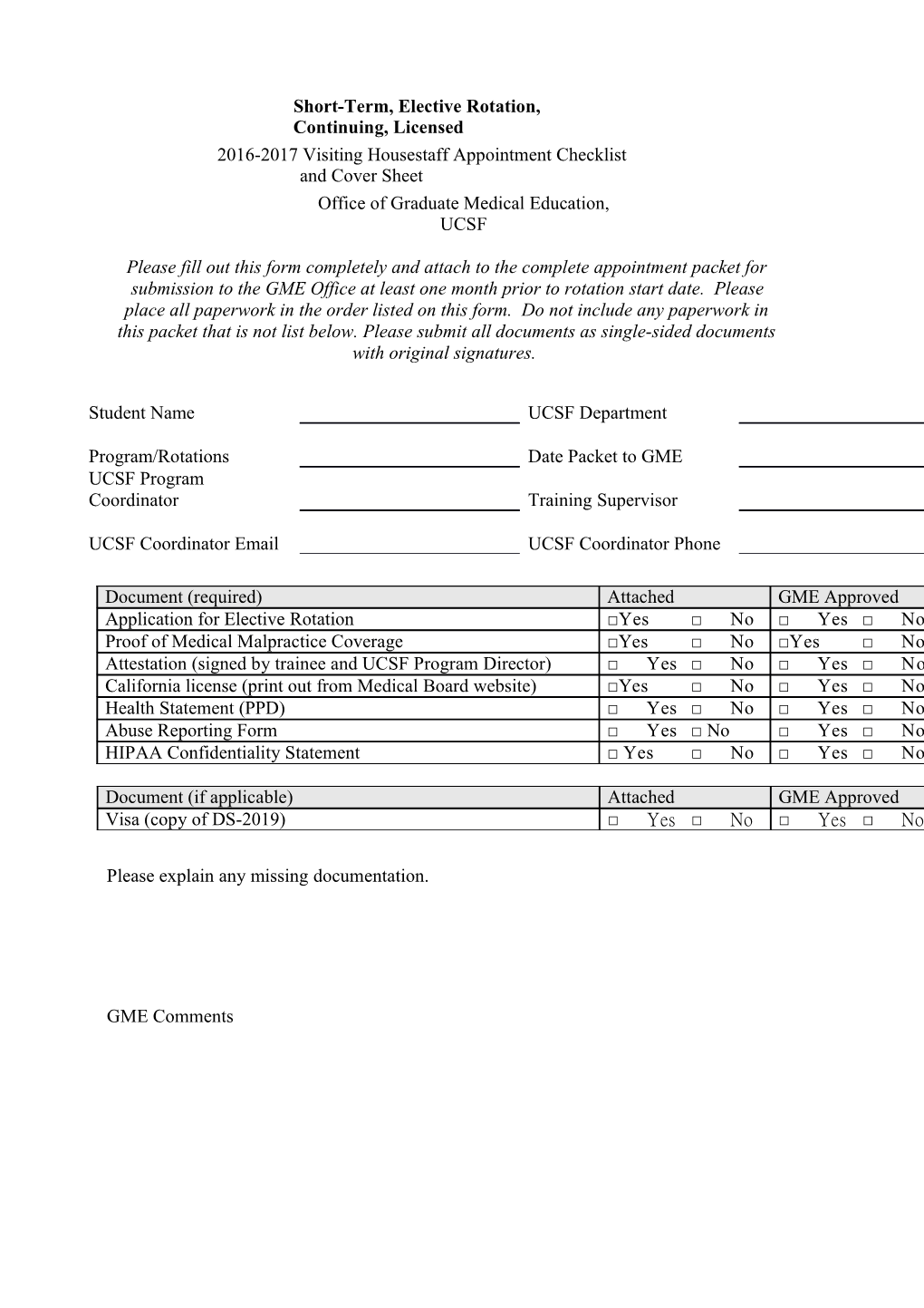 2007 UCSF Housestaff Appointment Checklist and Cover Sheet s2