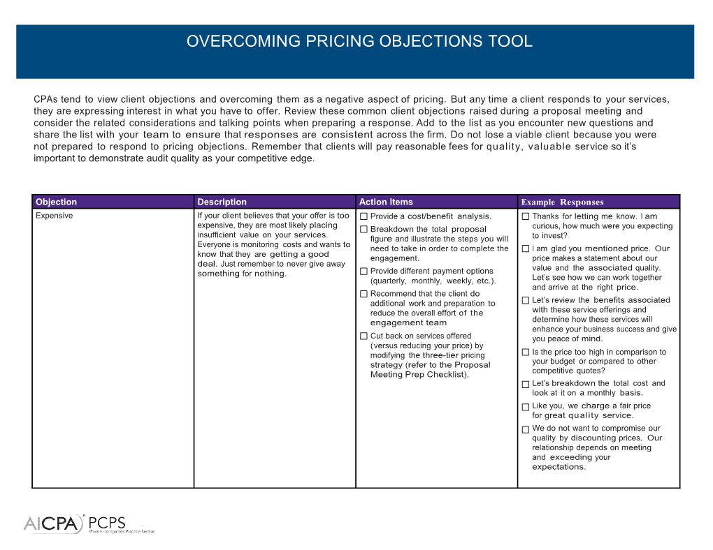 Overcoming Pricing Objections Tool