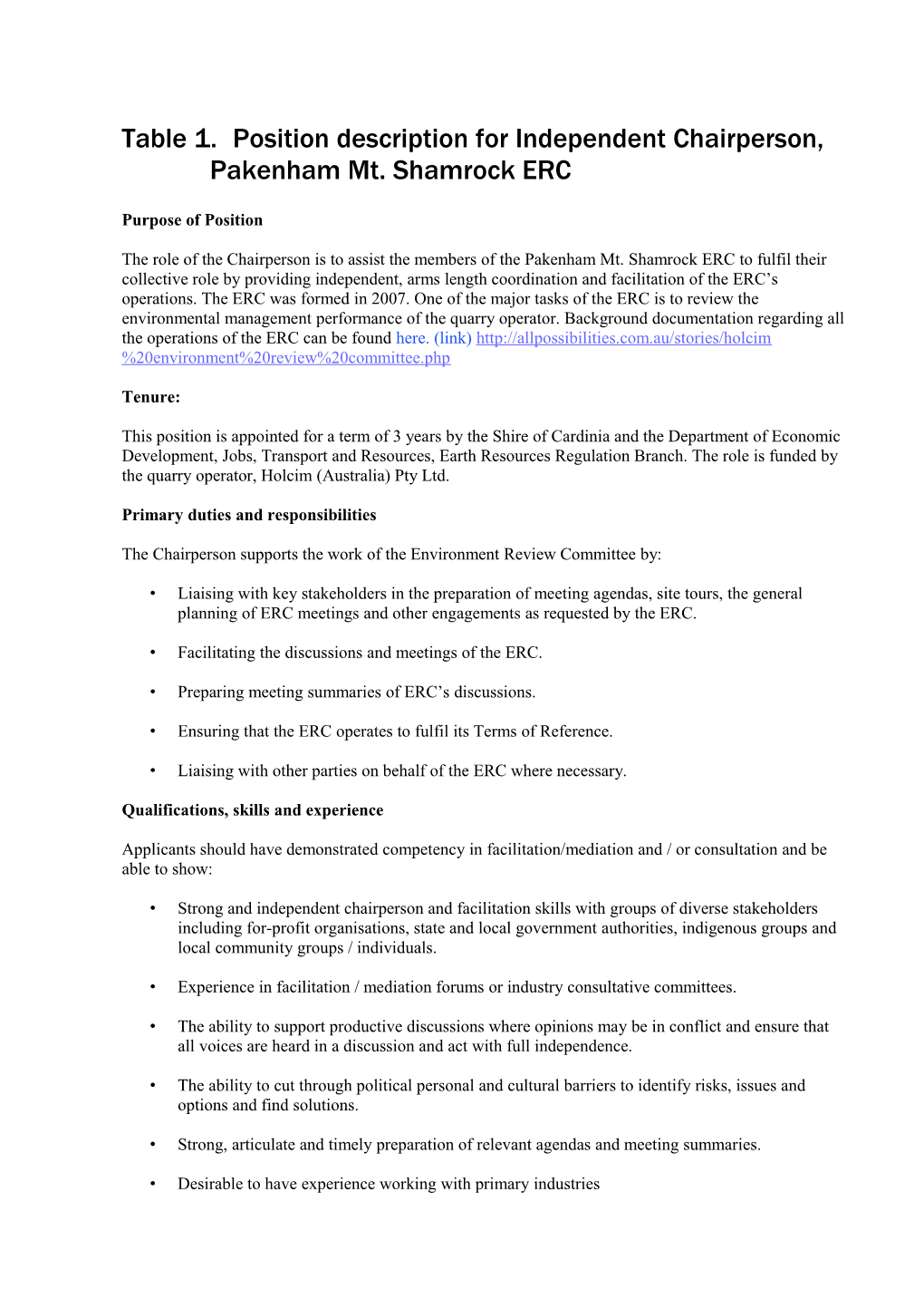 Position Description for Independent Chairperson, Pakenham Mt. Shamrock ERC