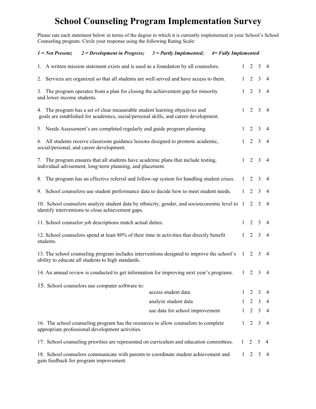 School Counseling Program Implementation Survey