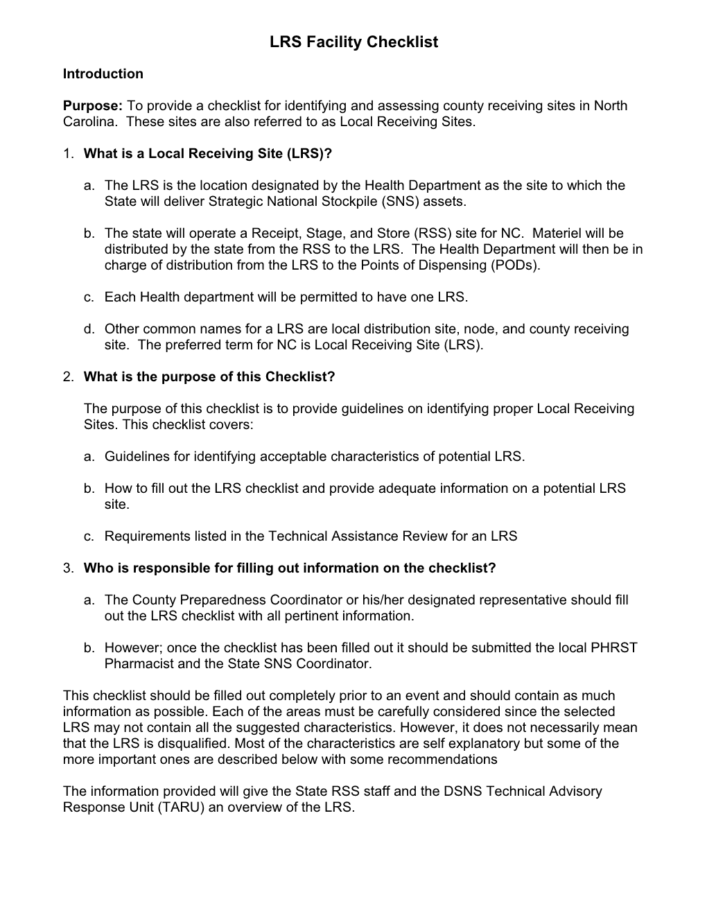 LRS Facility Checklist