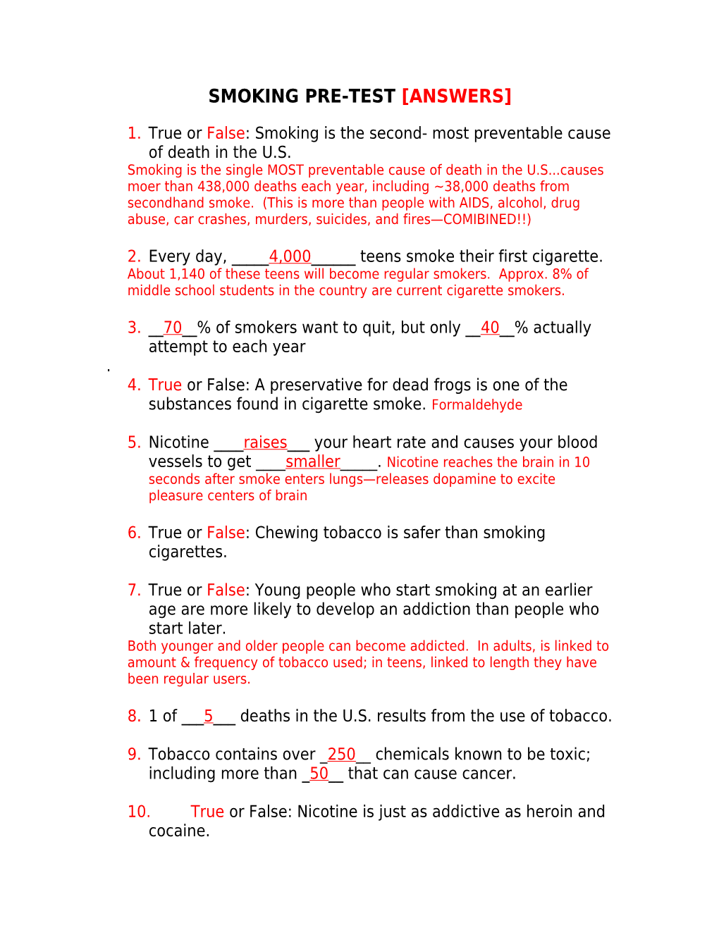 Smoking Pre-Test Answers