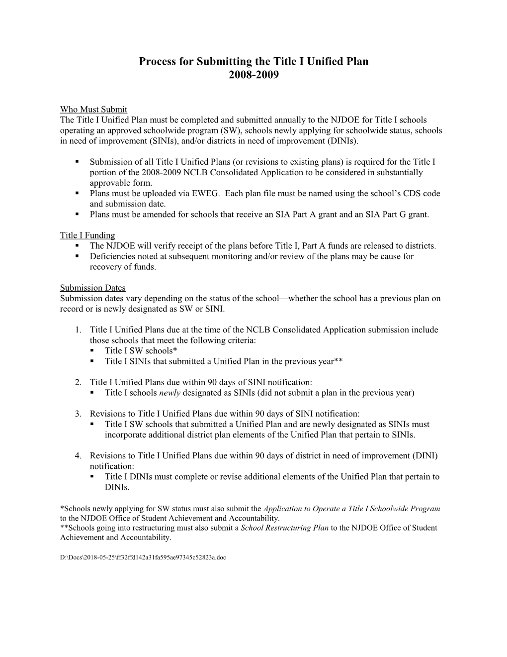 Process for Submitting the Title I Unified Plan