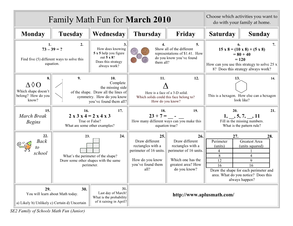 SE2 Family of Schools Math Fun (Junior)