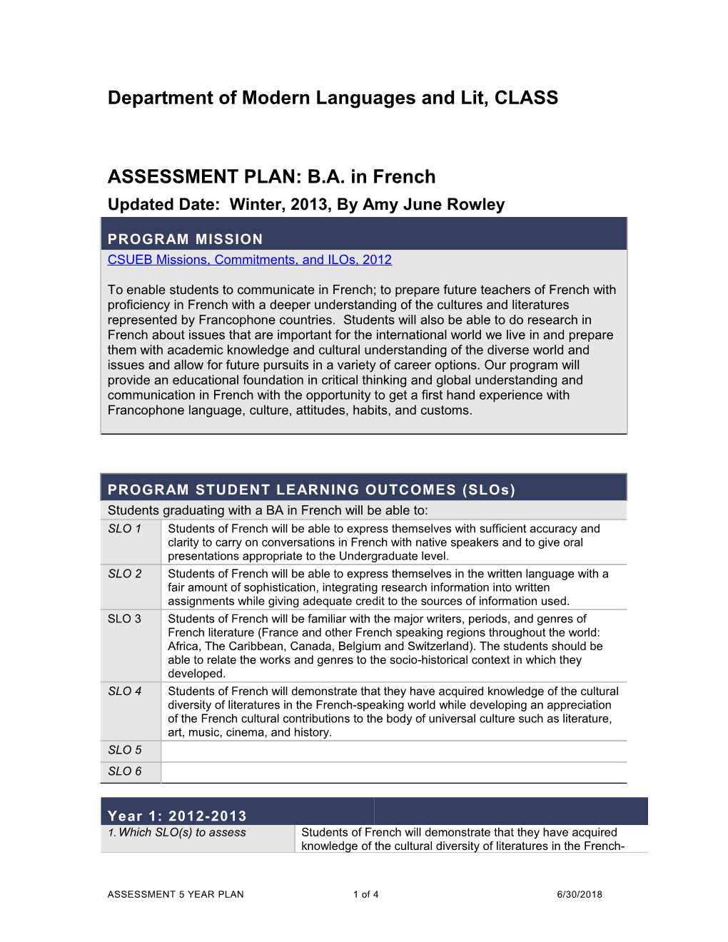 ASSESSMENT PLAN: B.A. in French