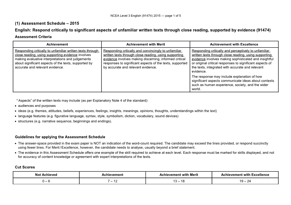 NCEA Level 3 English (91474) 2015 Assessment Schedule