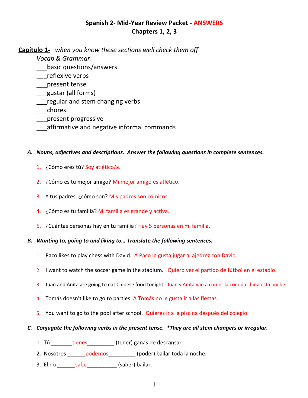 Spanish 2- Mid-Year Review Packet - ANSWERS