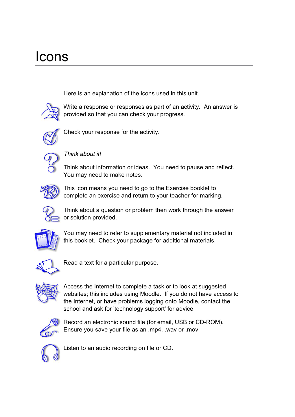 Here Is an Explanation of the Icons Used in This Unit