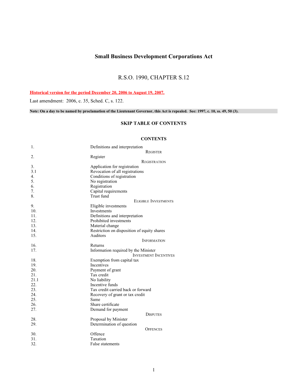 Small Business Development Corporations Act, R.S.O. 1990, C. S.12