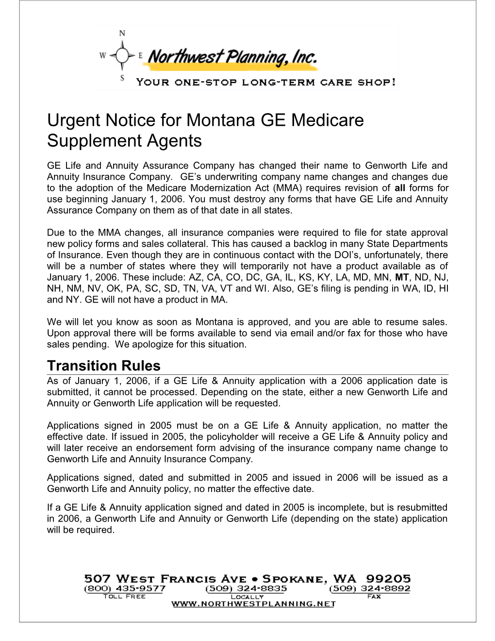Urgent Notice for Montana GE Medicare Supplement Agents