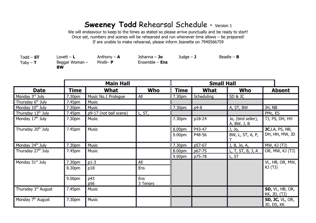 Sweeney Todd Rehearsal Schedule - Version 1