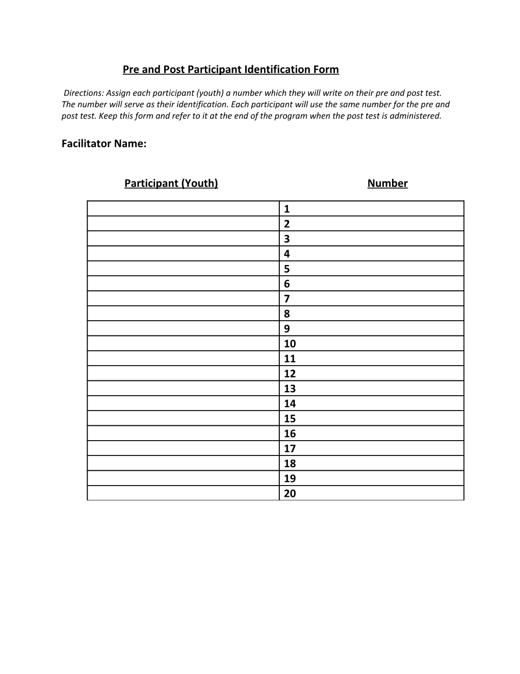 Pre and Post Participant Identification Form