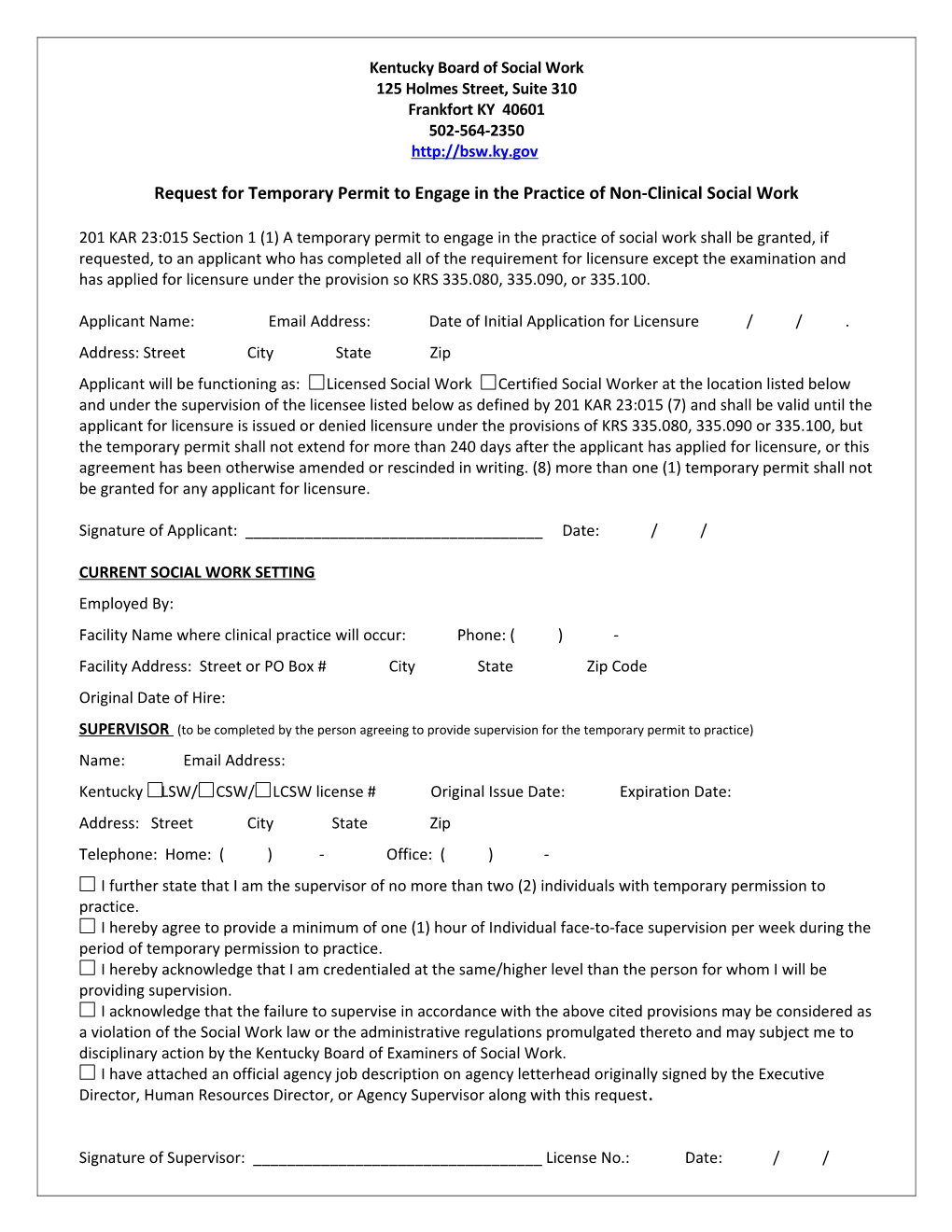 Temporary Permit Application for Temporary Permit to Practice Non-Clinical Social Work