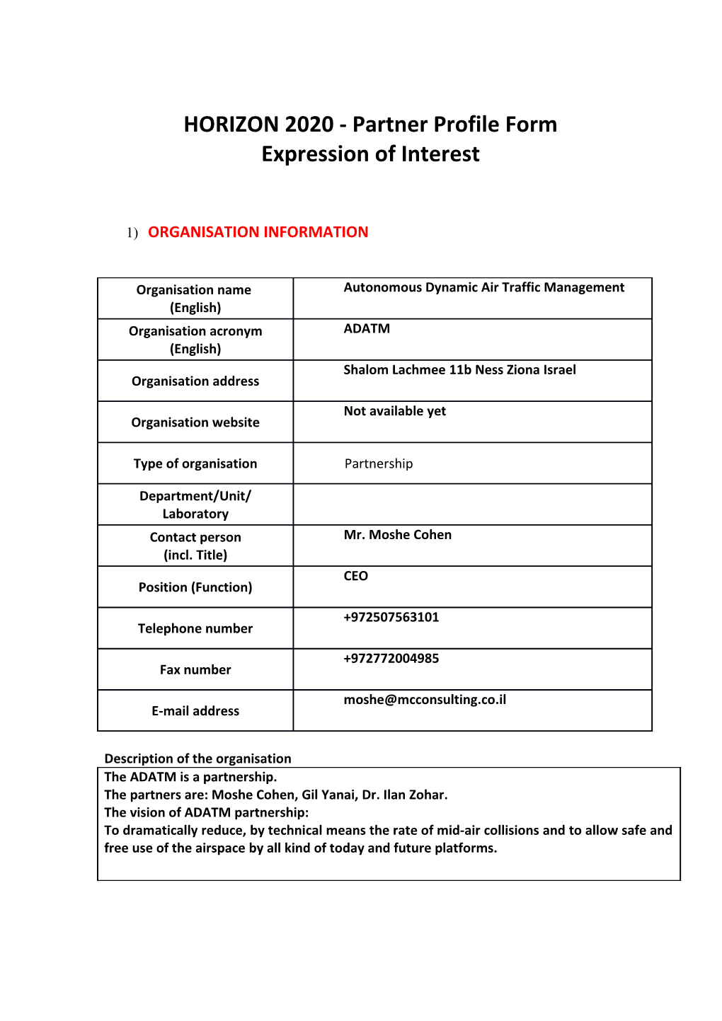 HORIZON 2020 - Partner Profile Form