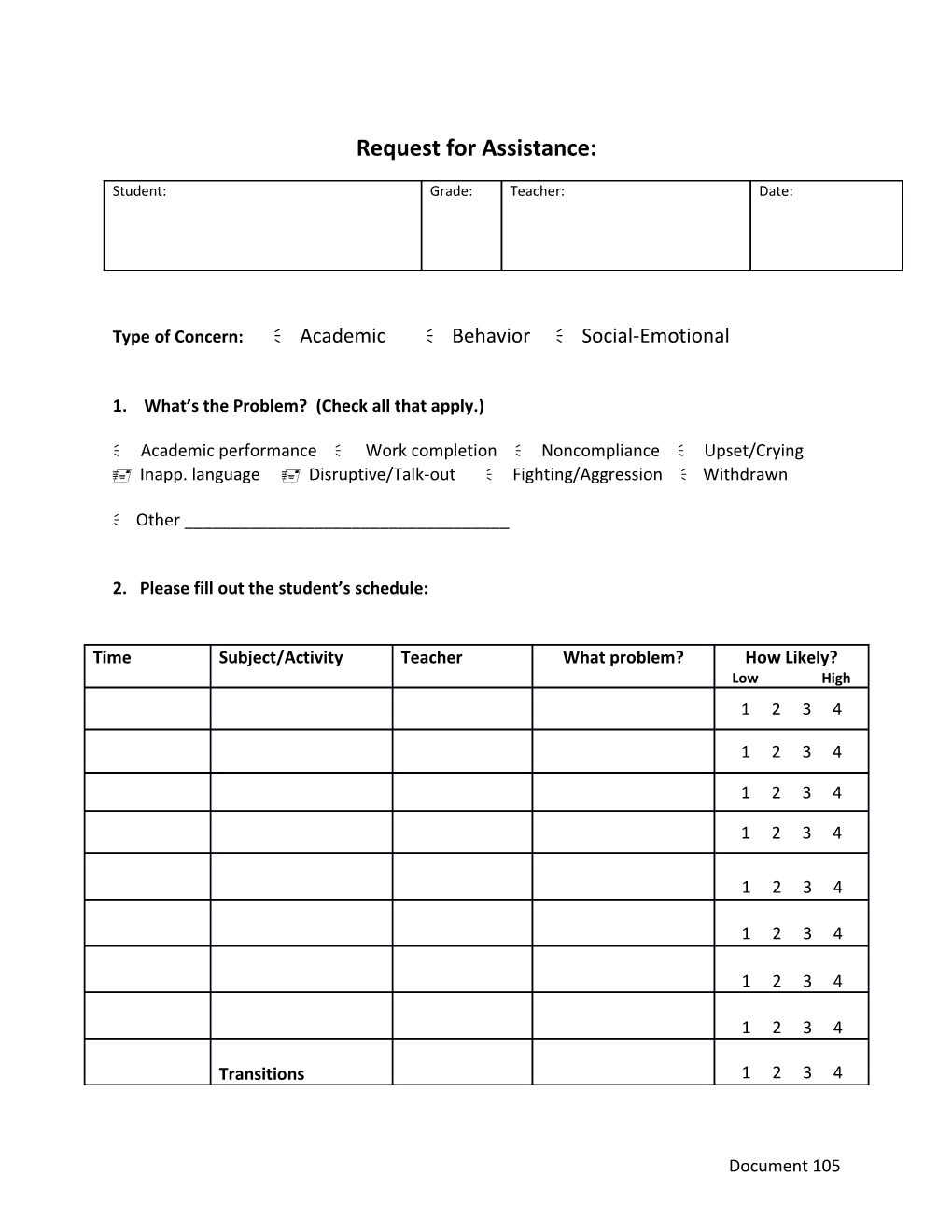 Type of Concern: Ð Academic Ð Behavior Ð Social-Emotional