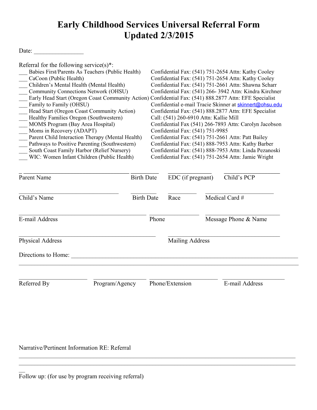 Early Childhood Services Universal Referral Form Updated 2/3/2015