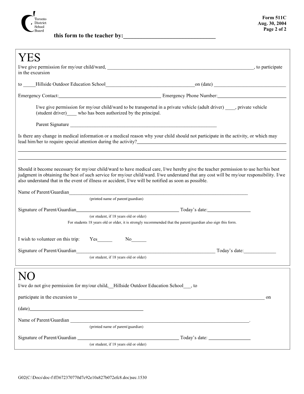 Form 511C: Parent/Guardian Permission for Excursion