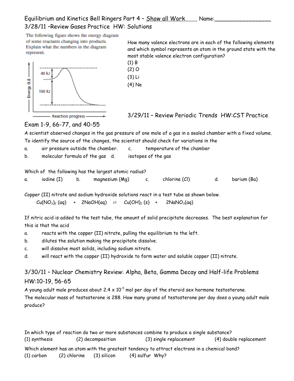 Equilibrium and Kinetics Bell Ringers Part 3 Show All Work