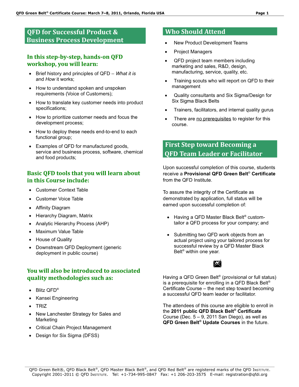 QFD Green Belt(R) Certificate Course Brochure