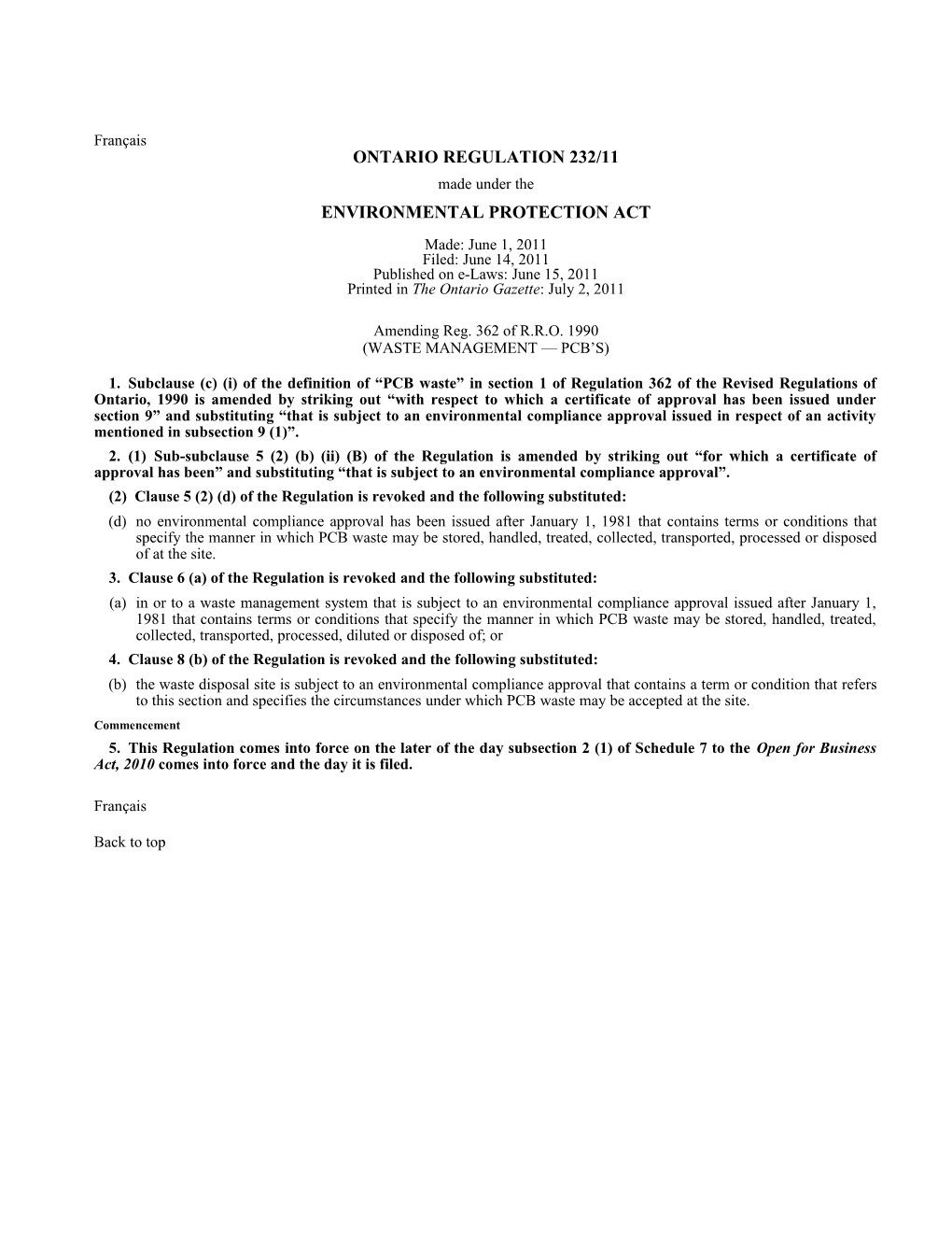 ENVIRONMENTAL PROTECTION ACT - O. Reg. 232/11