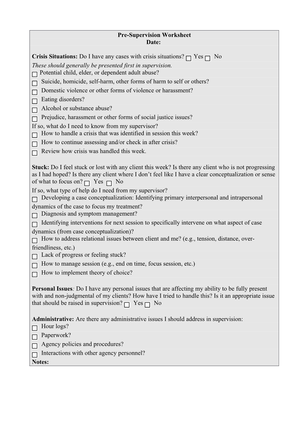 Pre-Supervision Worksheet