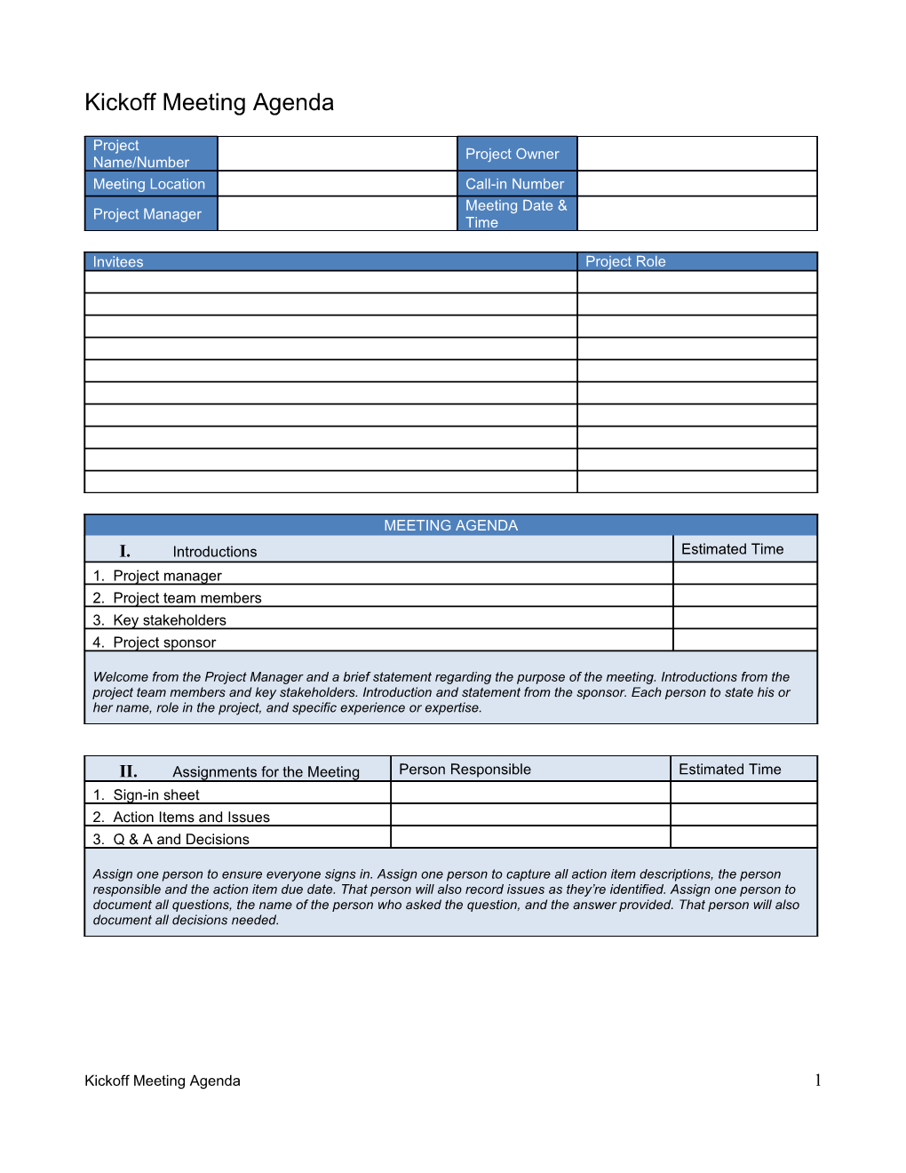 Kickoff Meeting Agenda