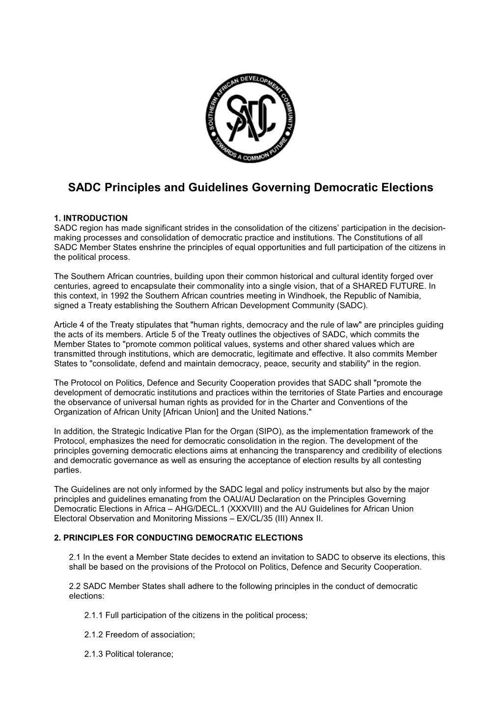 SADC Principles and Guidelines Governing Democratic Elections