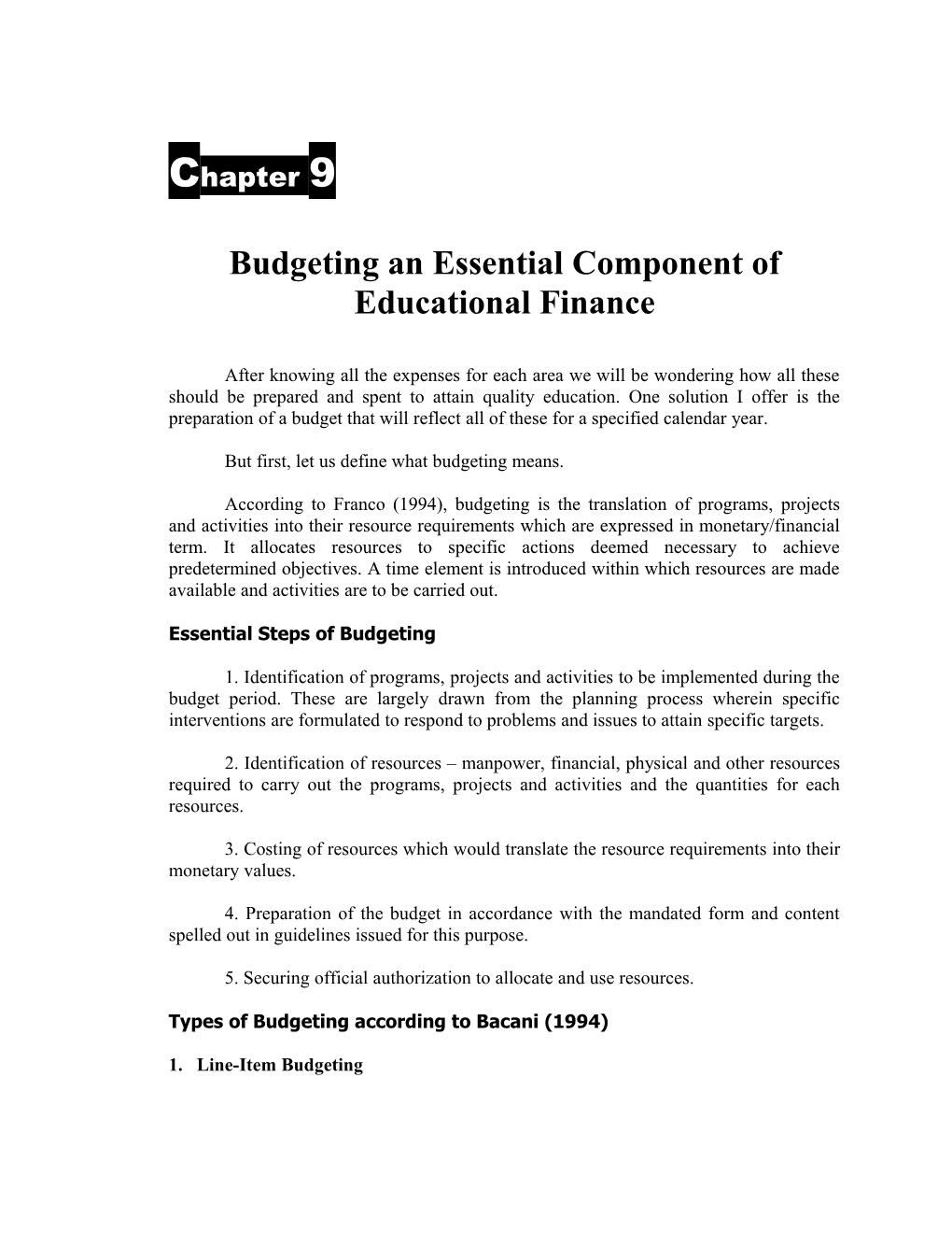 Budgeting an Essential Component of Educational Finance