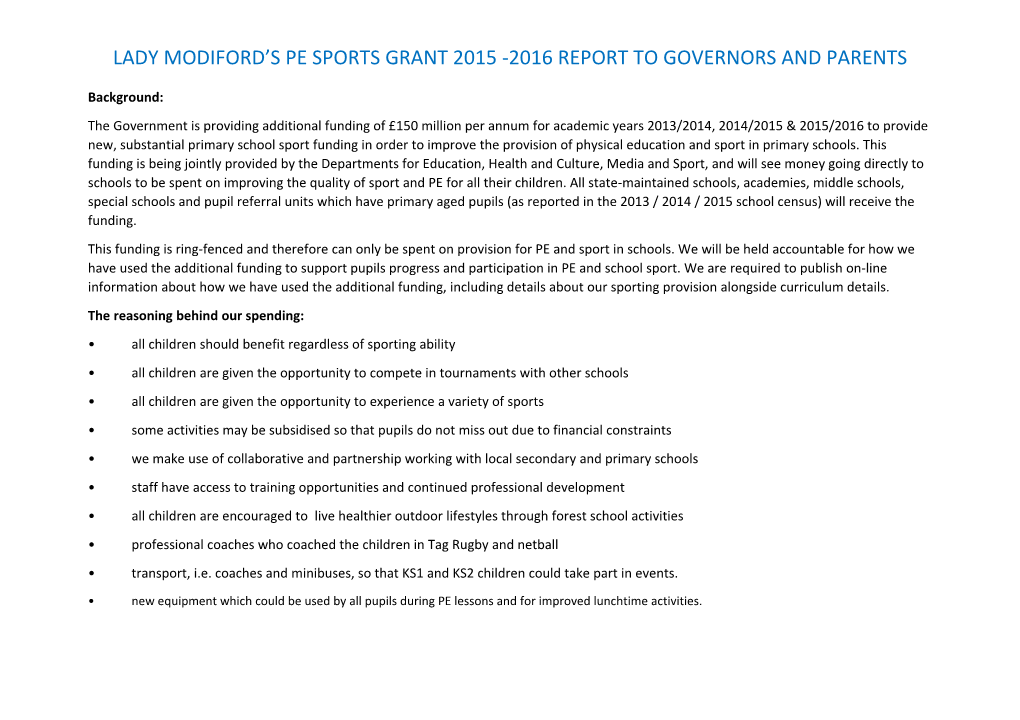 Lady Modiford S Pe Sports Grant 2015 -2016 Report to Governors and Parents