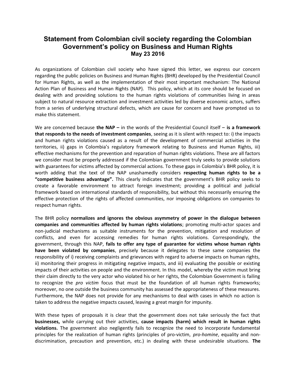 Statement from Colombian Civil Society Regarding the Colombian Government S Policy On