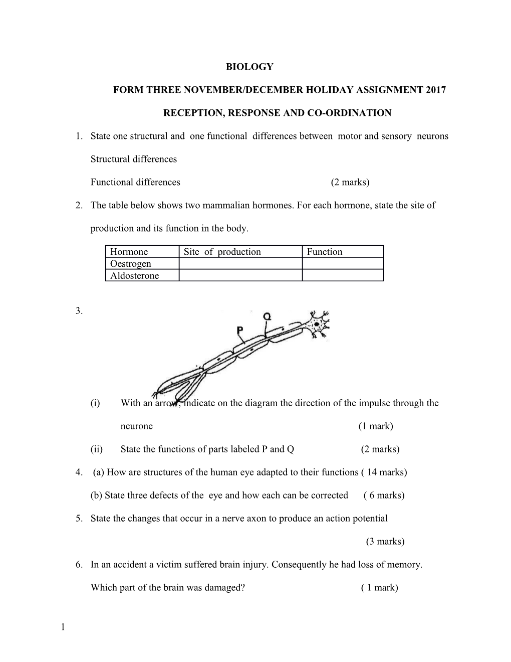 Form Three November/December Holiday Assignment 2017