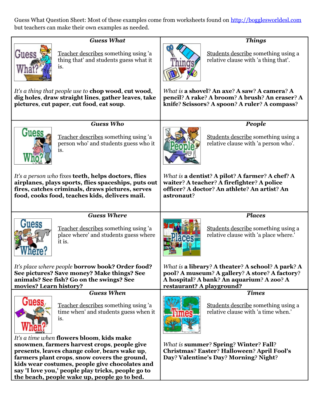 Guess What Question Sheet: Most of These Examples Come from Worksheets Found on but Teachers