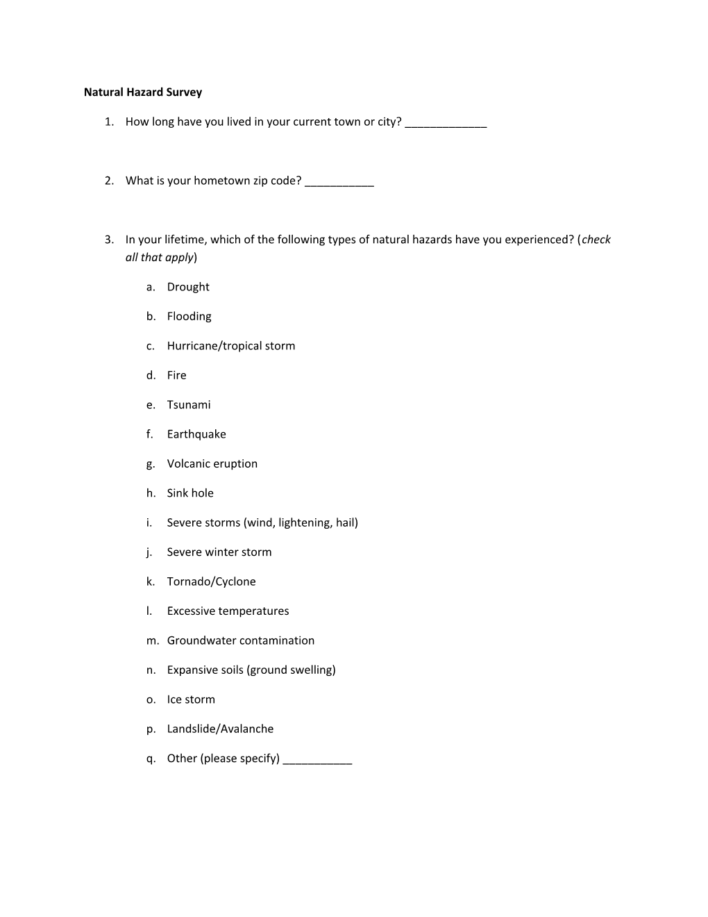 Natural Hazard Survey