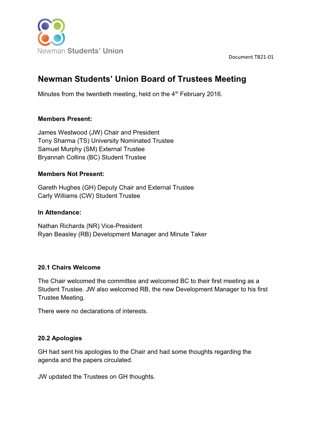 Newman Students Union Board of Trustees Meeting