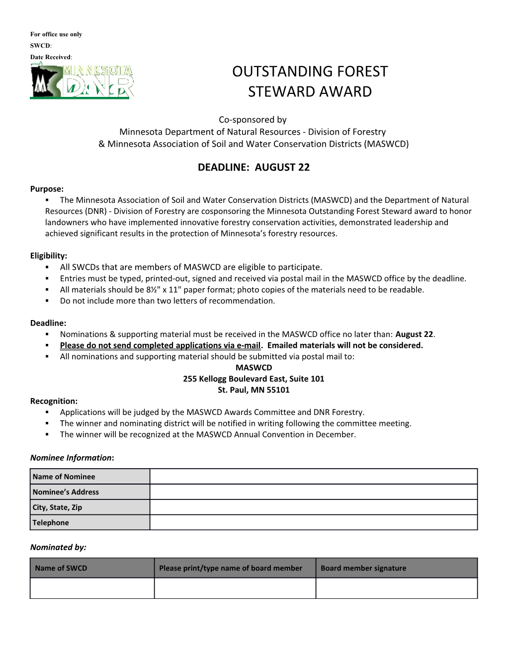Award Program/Forest Steward Nomination Form