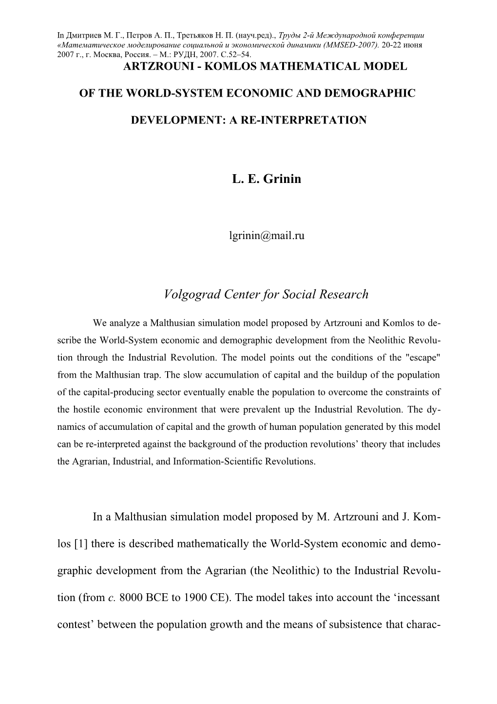 Artzrouni - Komlos Mathematical Model of the World-System Economic and Demographic Development